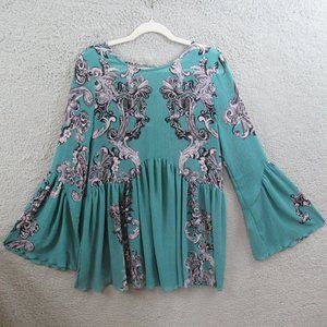 Free People Womens Shirt Small Teal Blue Paisley Long Sleeve Tunic Intimately